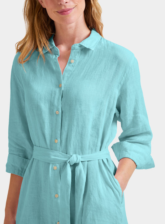 Linen Shirt Dress - Aqua