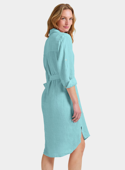 Linen Shirt Dress - Aqua