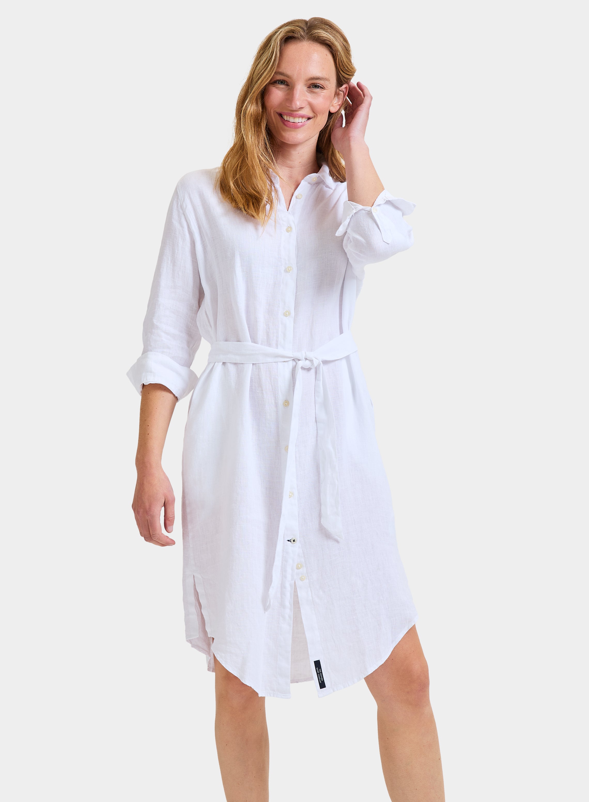 Womens Linen Shirt Dress in White Oxford Shirt Co