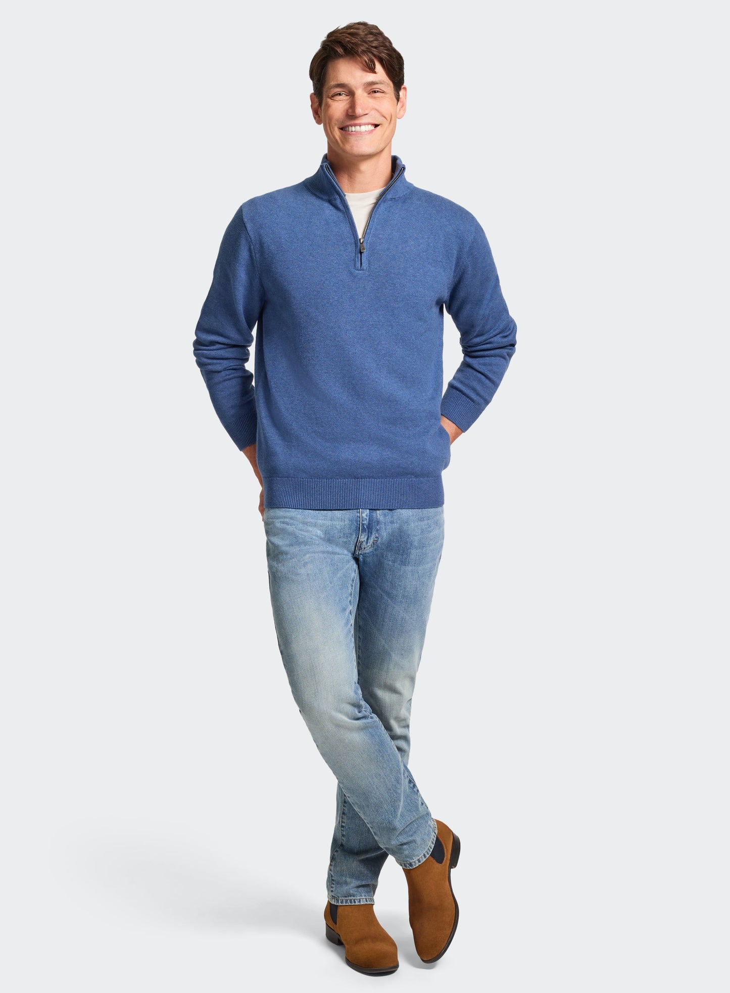 Cotton Cashmere 1/4 Zip in Harbour Blue