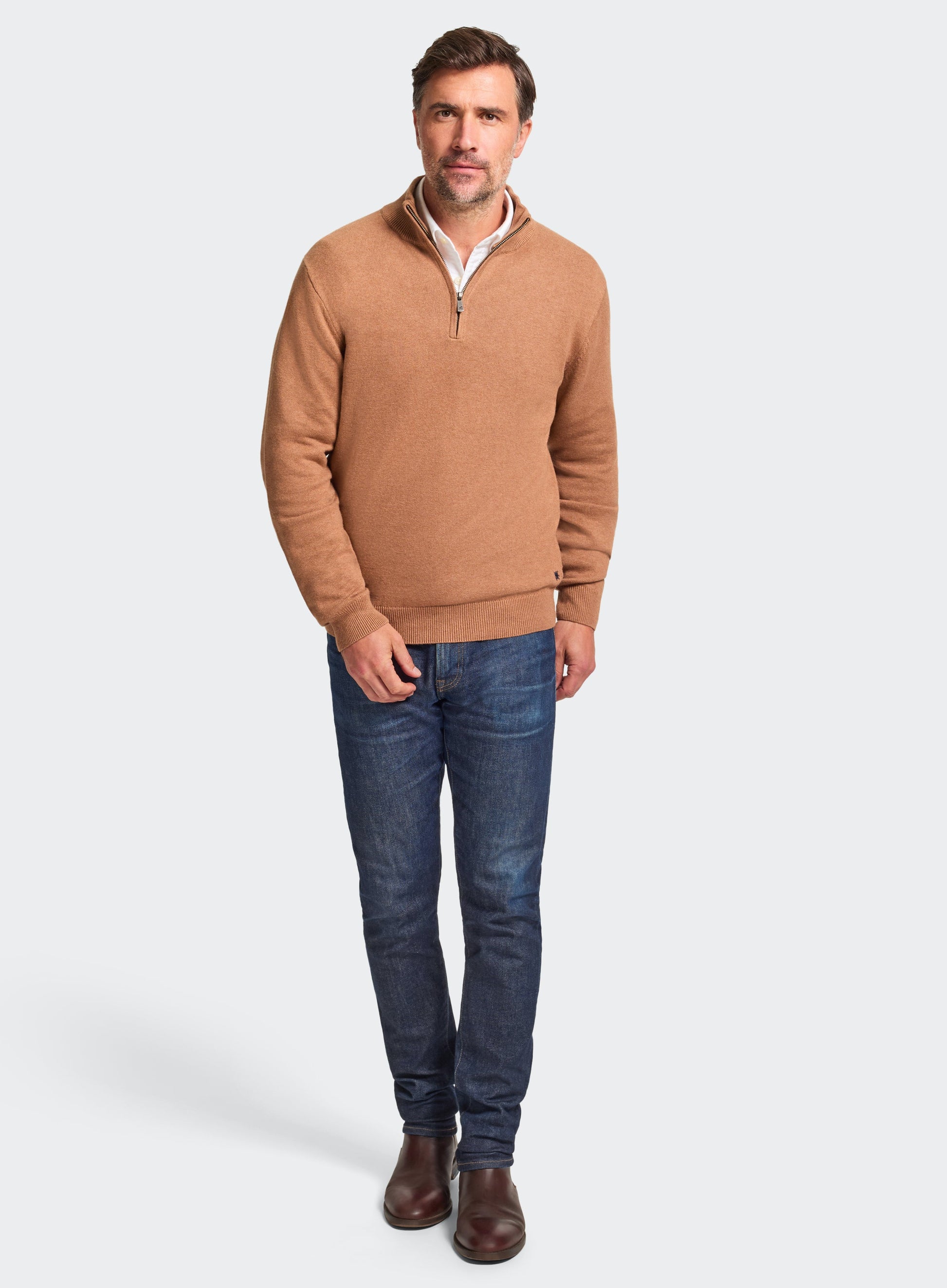 Cotton Cashmere 1/4 Zip in Light Brown