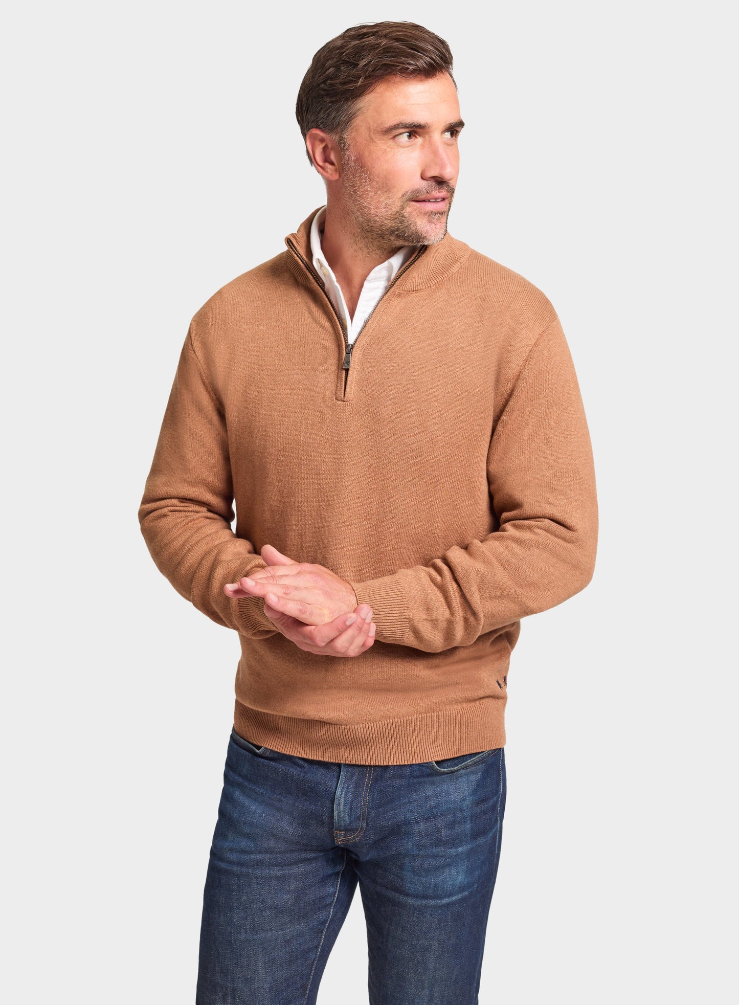 Cotton Cashmere 1/4 Zip in Light Brown