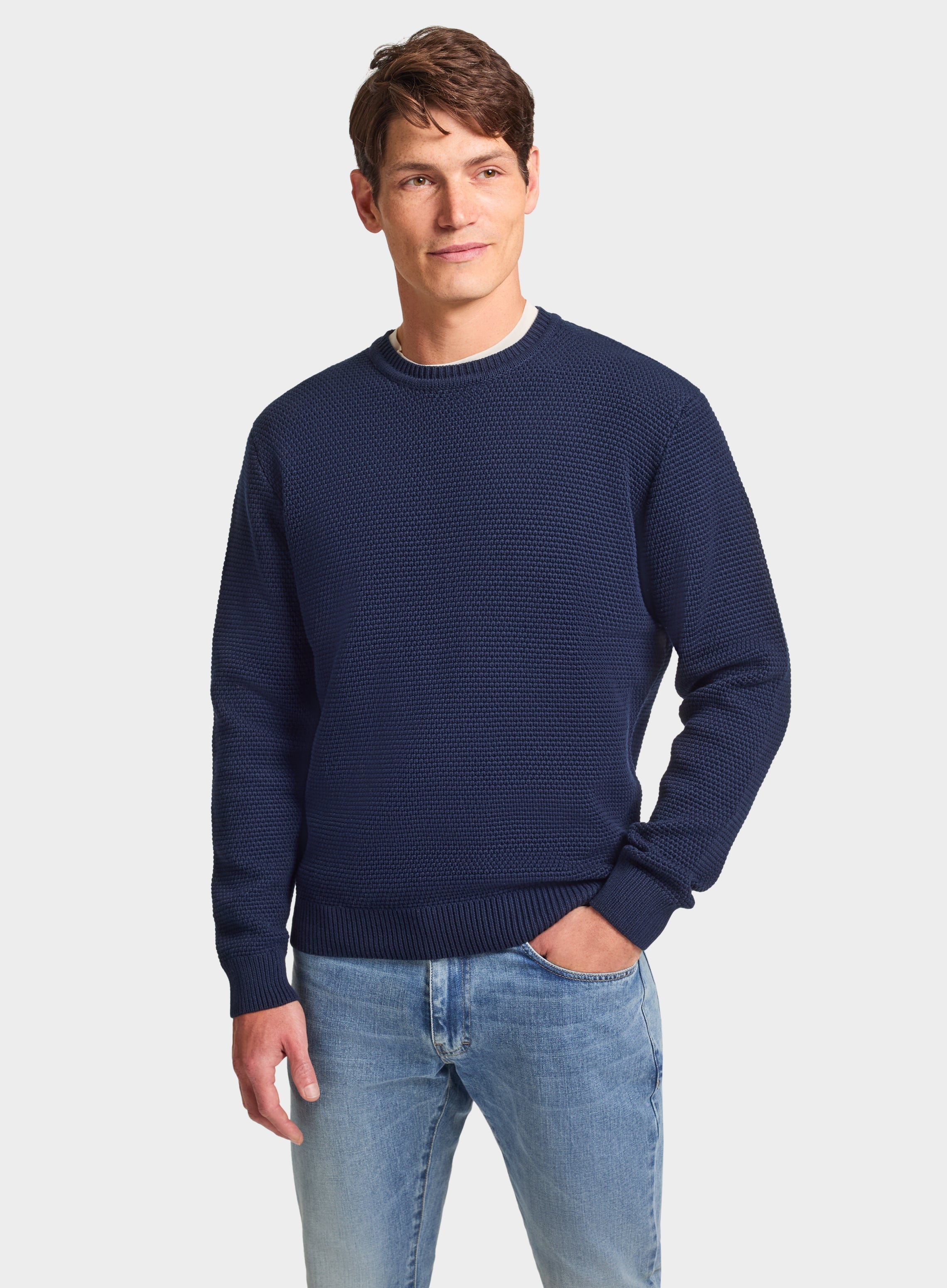 Mens Cotton Waffle Crew Neck in Navy Oxford Shirt Co