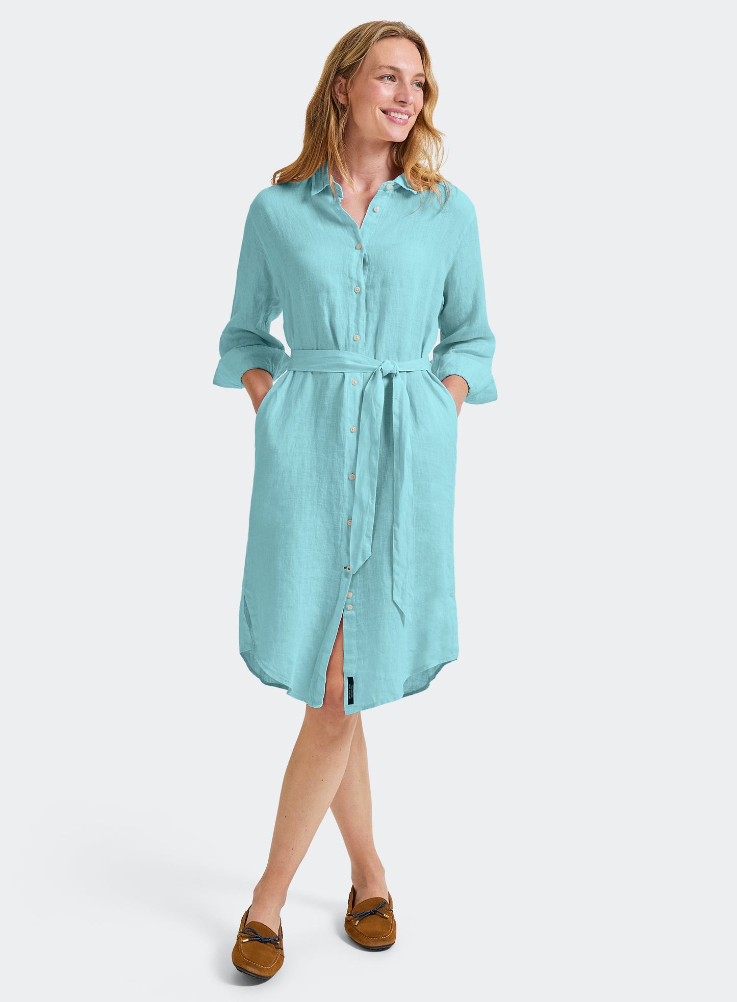 Linen Shirt Dress - Aqua