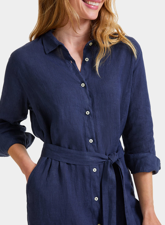 Linen Shirt Dress - Navy