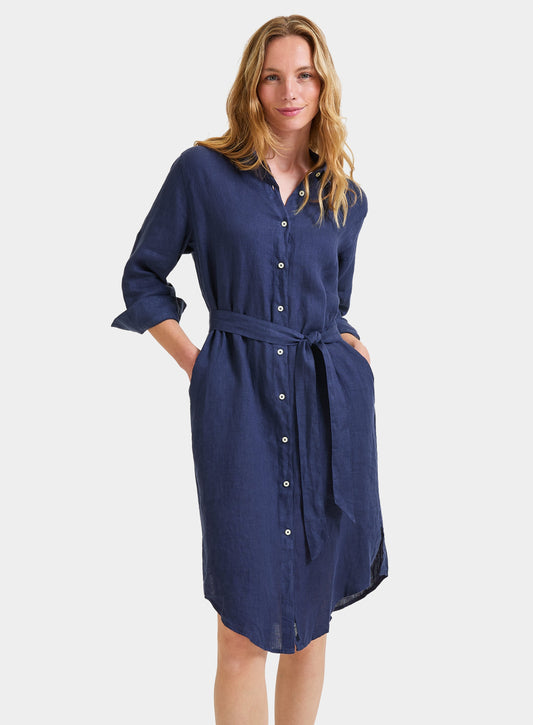 Linen Shirt Dress - Navy