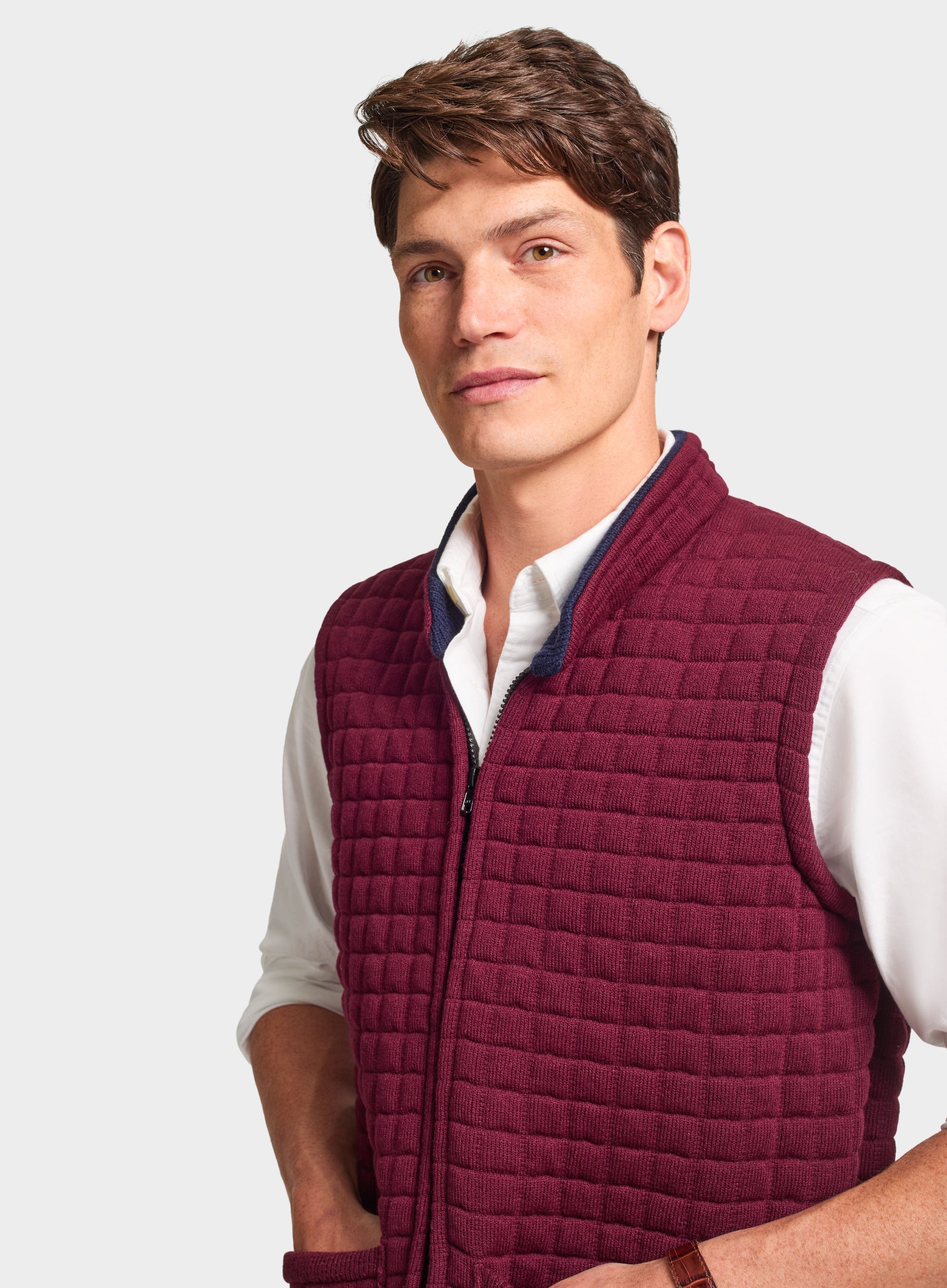 Quilted Nehru Wool Gilet - Burgundy