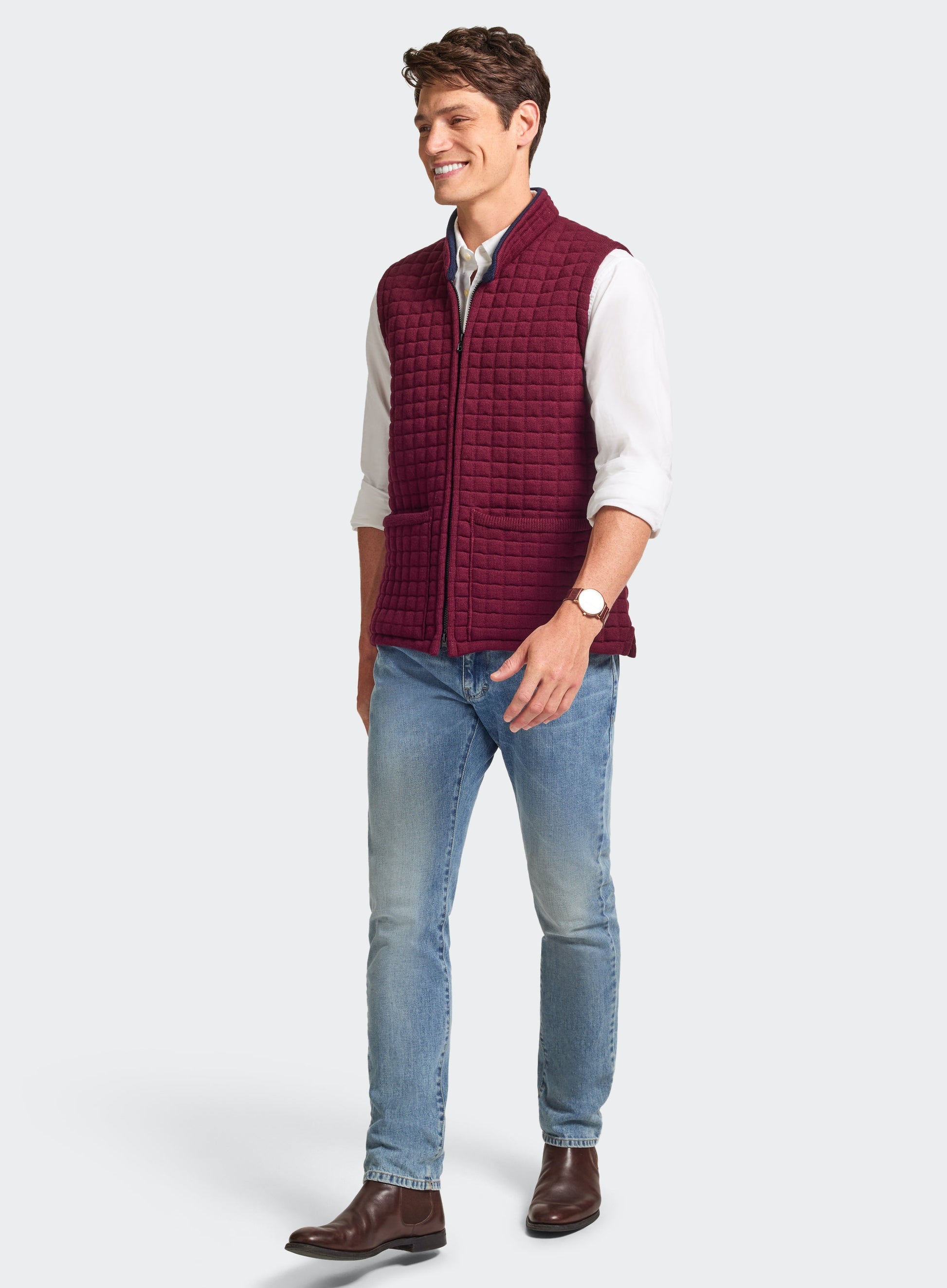 Quilted Nehru Wool Gilet - Burgundy