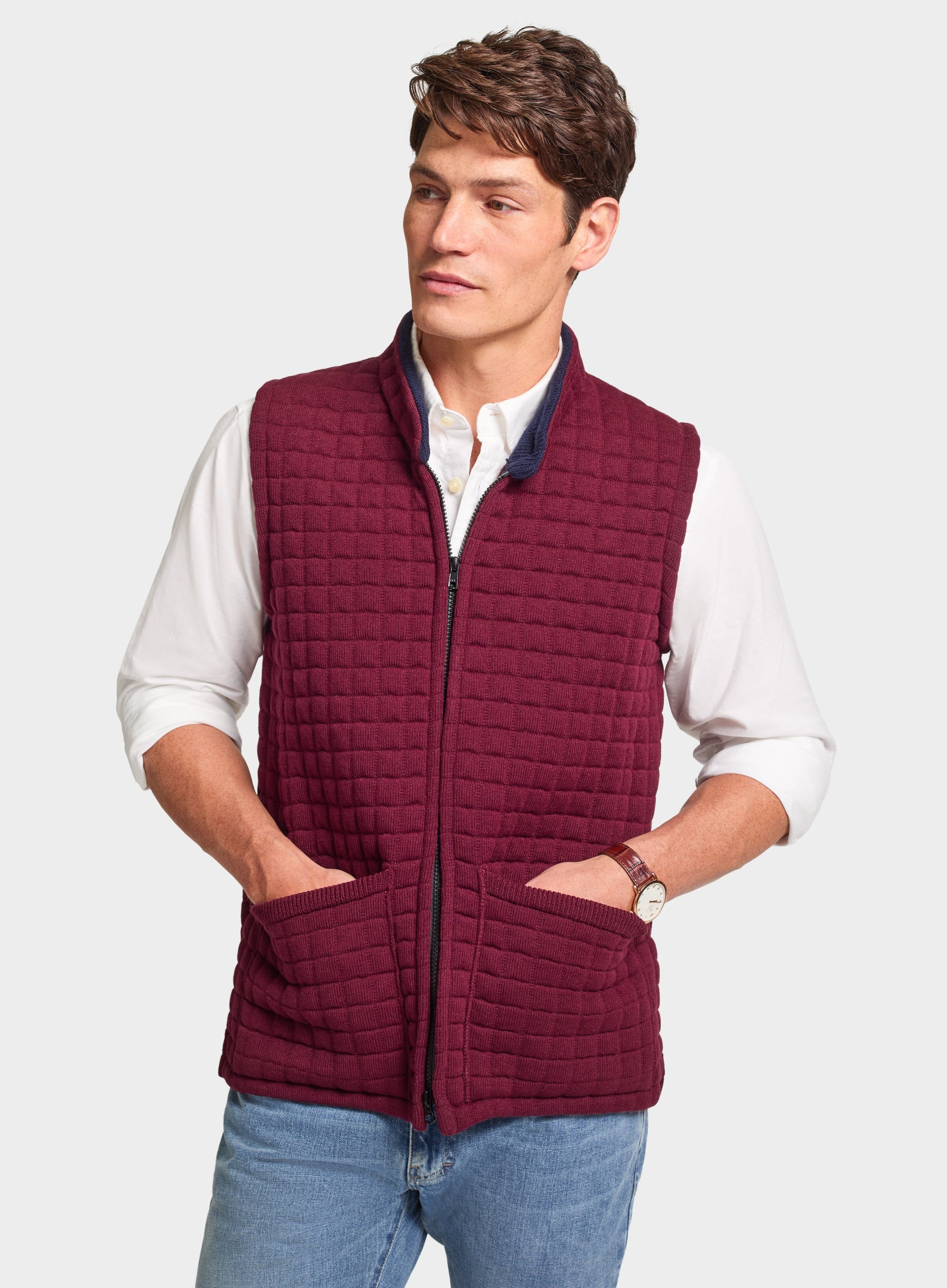 Quilted Nehru Wool Gilet - Burgundy