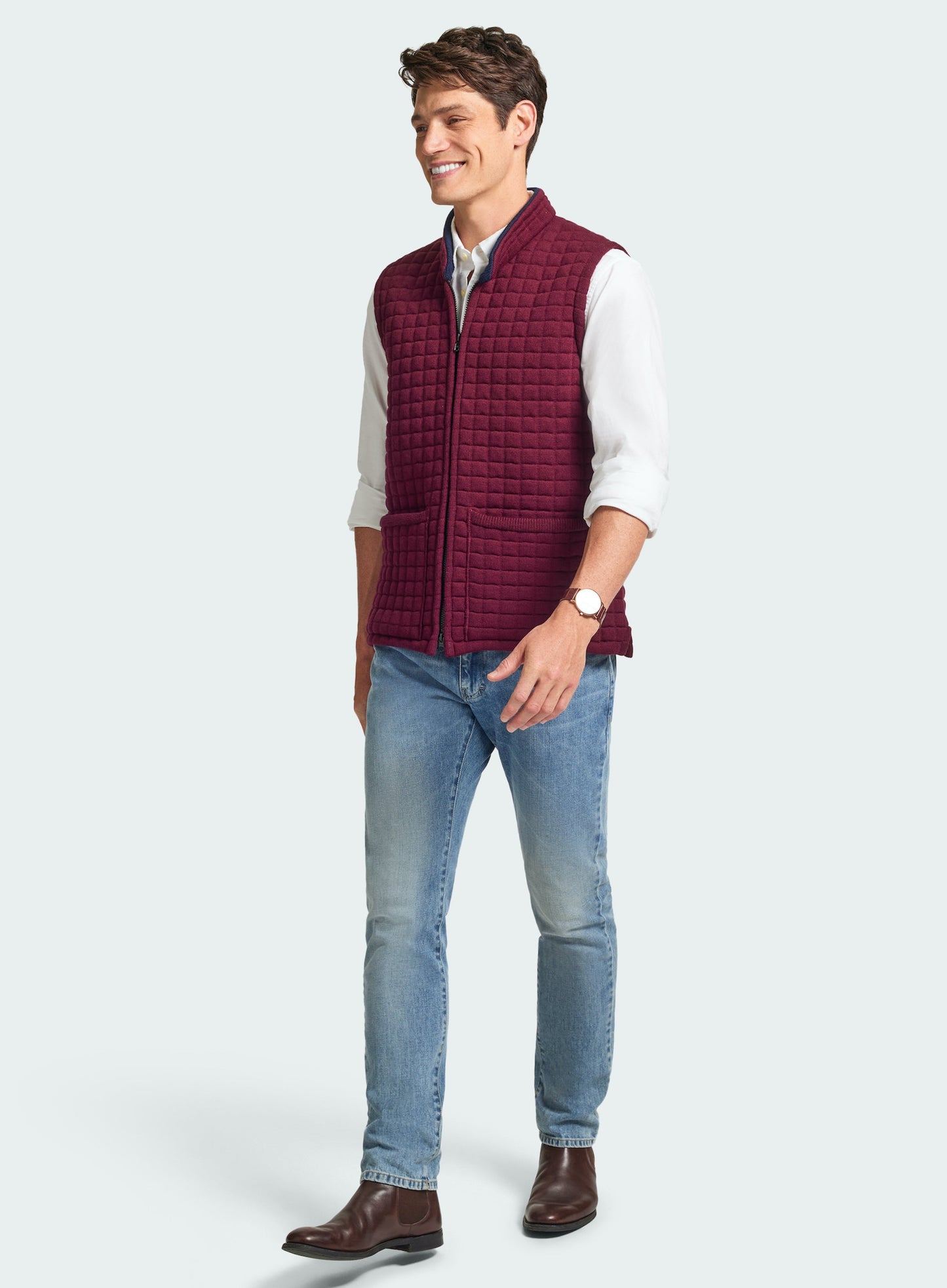 Quilted Nehru Wool Gilet - Burgundy