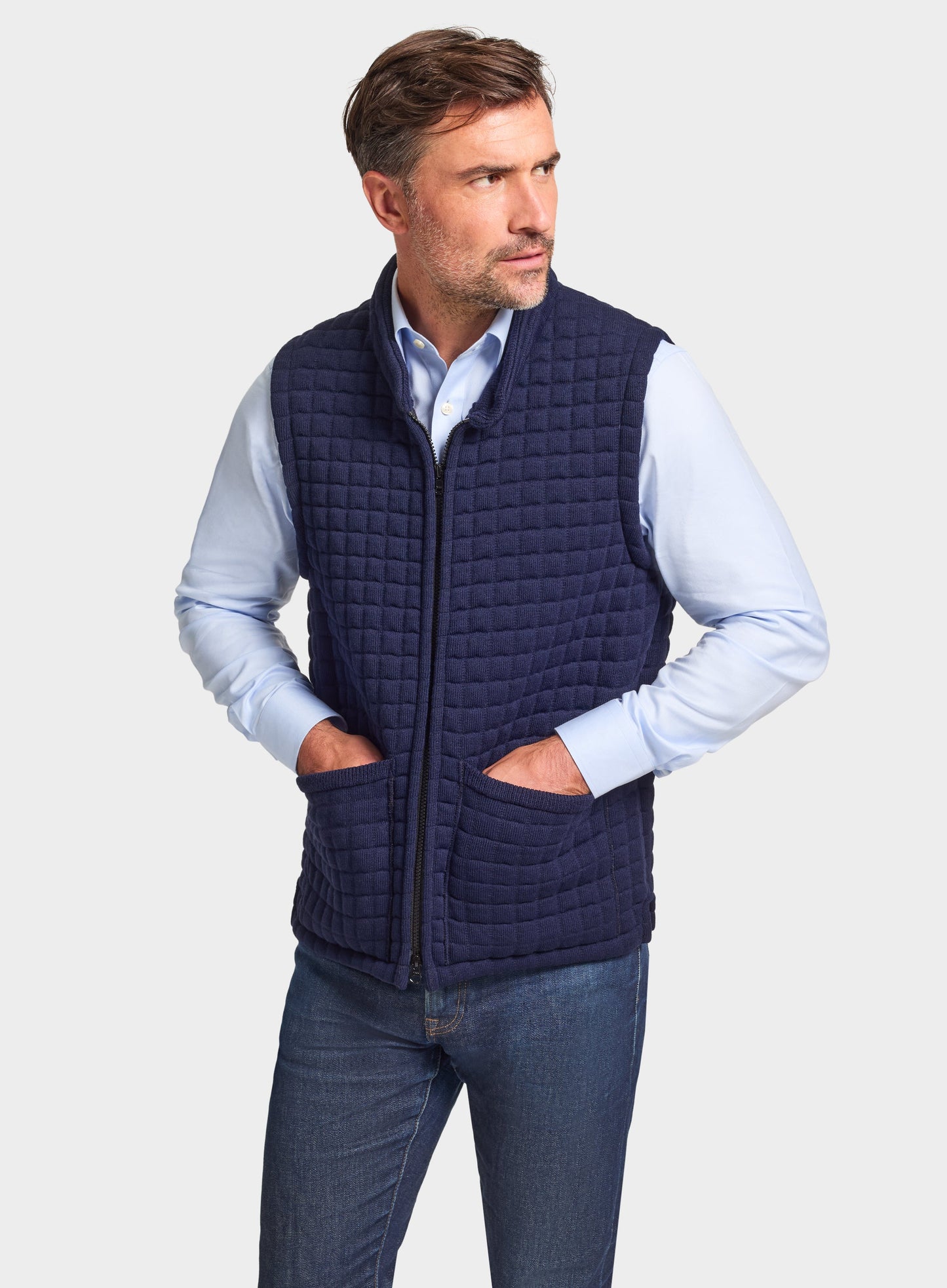 Quilted Nehru Wool Gilet - Navy