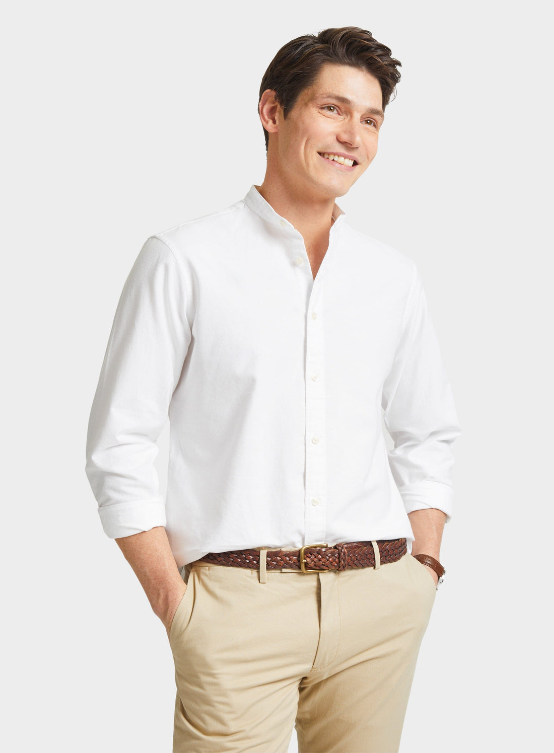 Mens Collarless Oxford Shirt in White - Oxford Shirt Co.