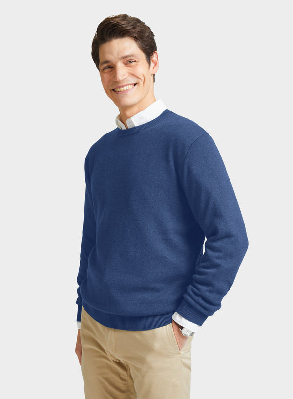 Mens Cotton Cashmere Crew Neck Jumper in Denim - Oxford Shirt Co.