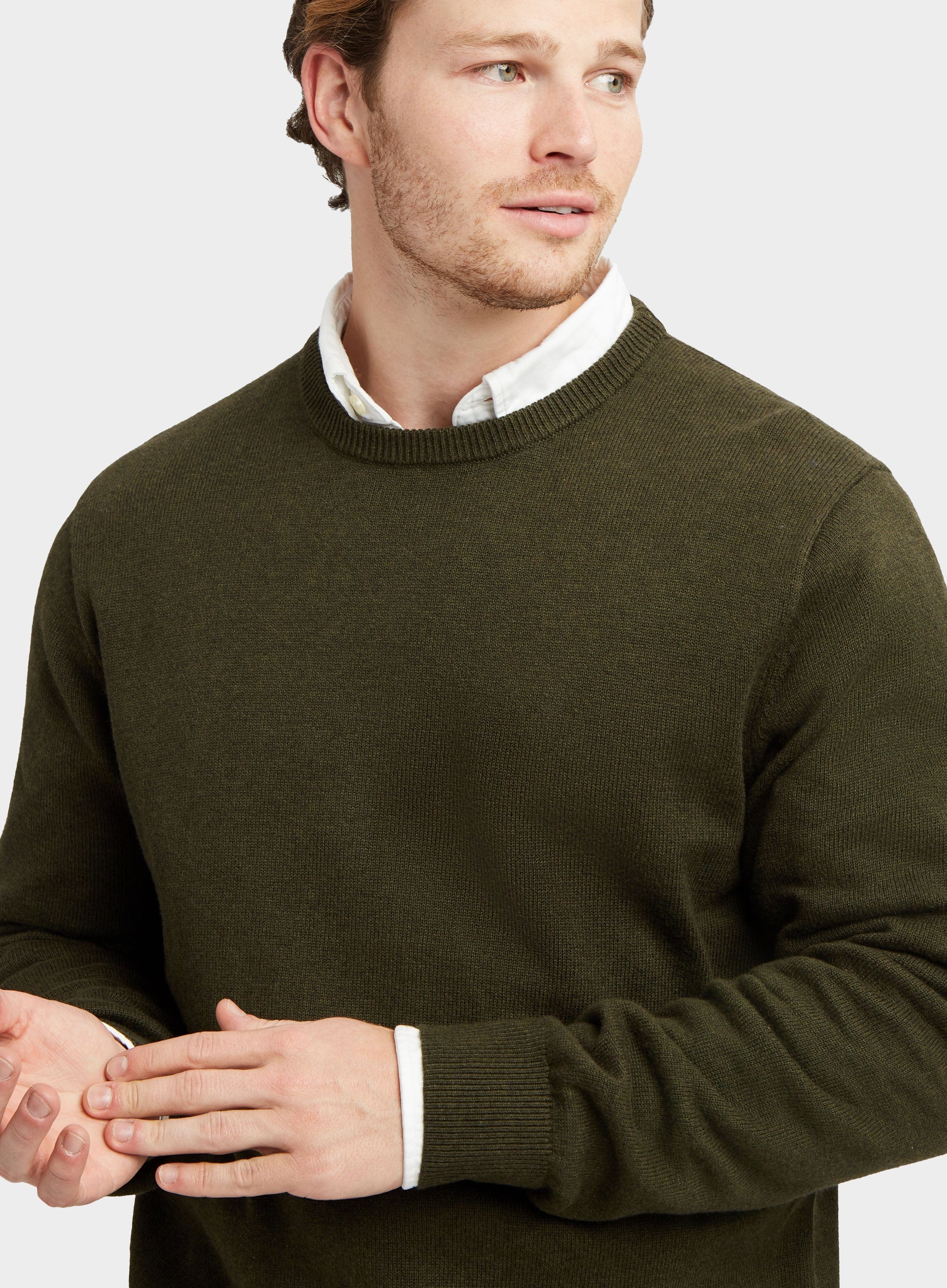 Mens Cotton Cashmere Crew Neck Jumper in Olive - Oxford Shirt Co.
